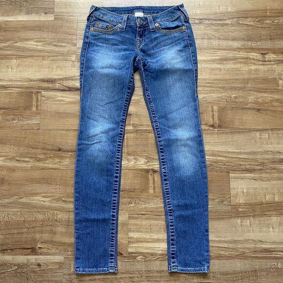 TRUE RELIGION 26 NWOT Skinny Gold Arrow Big T Low Rise Embroidered Y2K Jeans - Picture 4 of 16